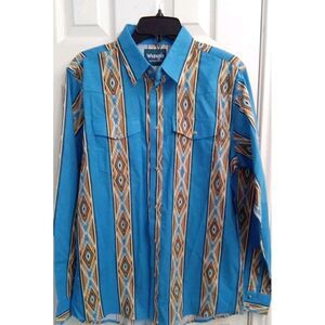 Wrangler Western Shirt Aztec Stripe Cowboy Rodeo Long Sleeve Blue‎ Size L